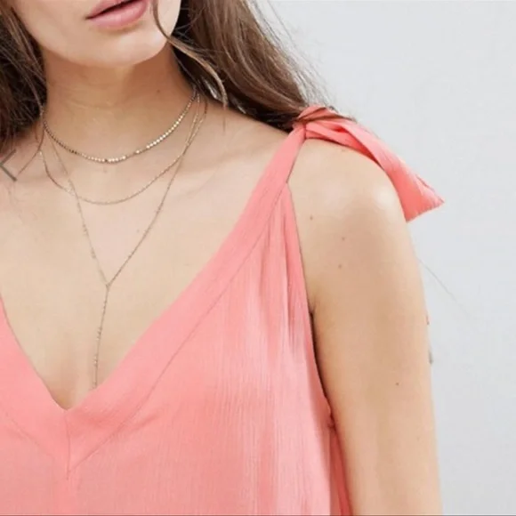 ASOS Coral Pink Crepe Boho Shoulder Tie Tank Top NWT - Picture 3 of 4